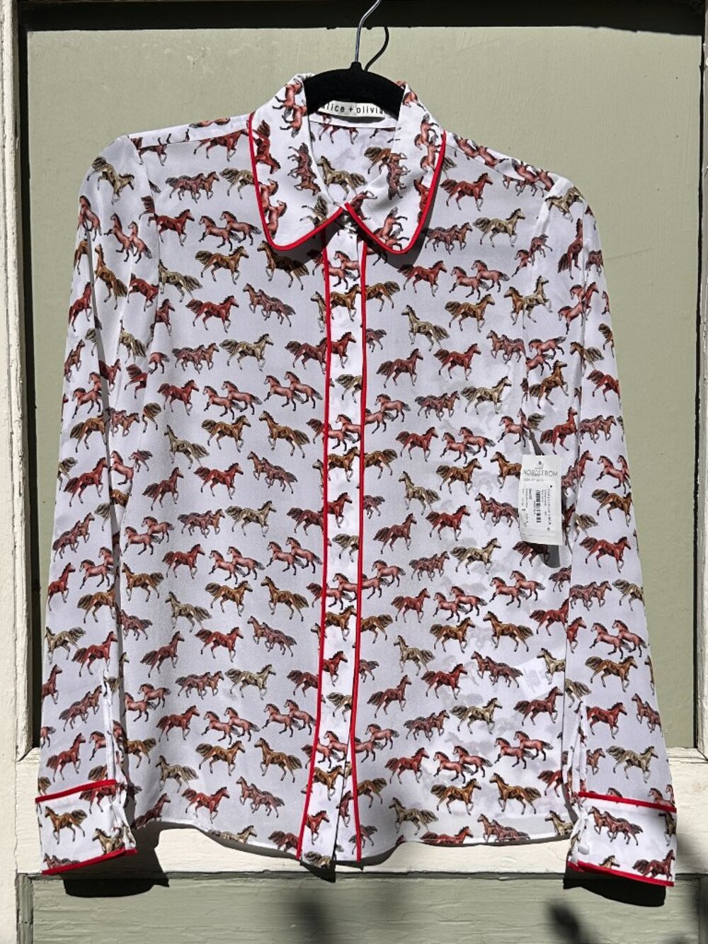 NWT Alice + Olivia Willa Horse Print Silk Button-up Shirt In White Size XS